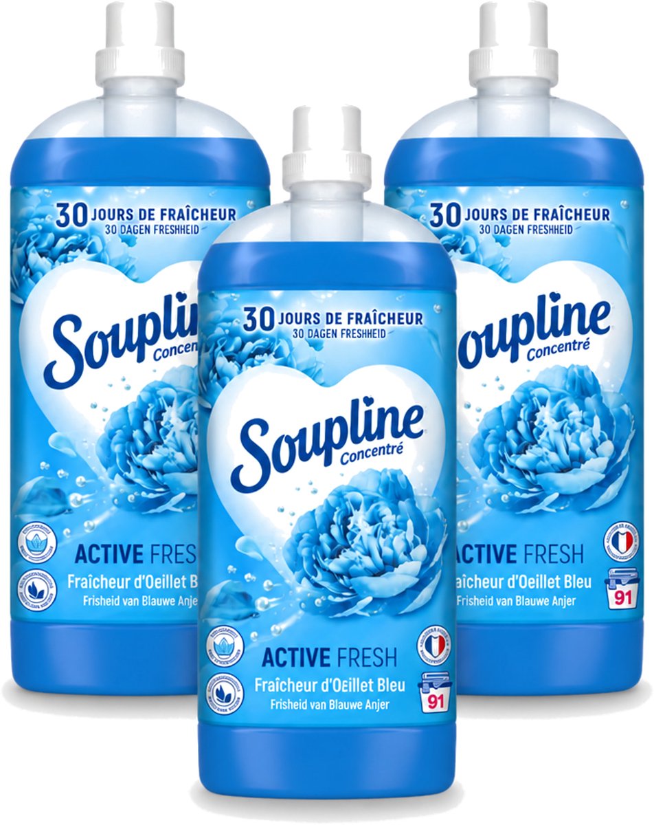 3 x Soupline – Wasverzachter – Active Fresh Frisheid van Blauwe Anjer – 2 L - Voordeelverpakking - 3 stuks