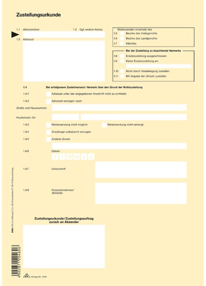 rnk verlag voorgedrukt zustellungsurkunde din a4