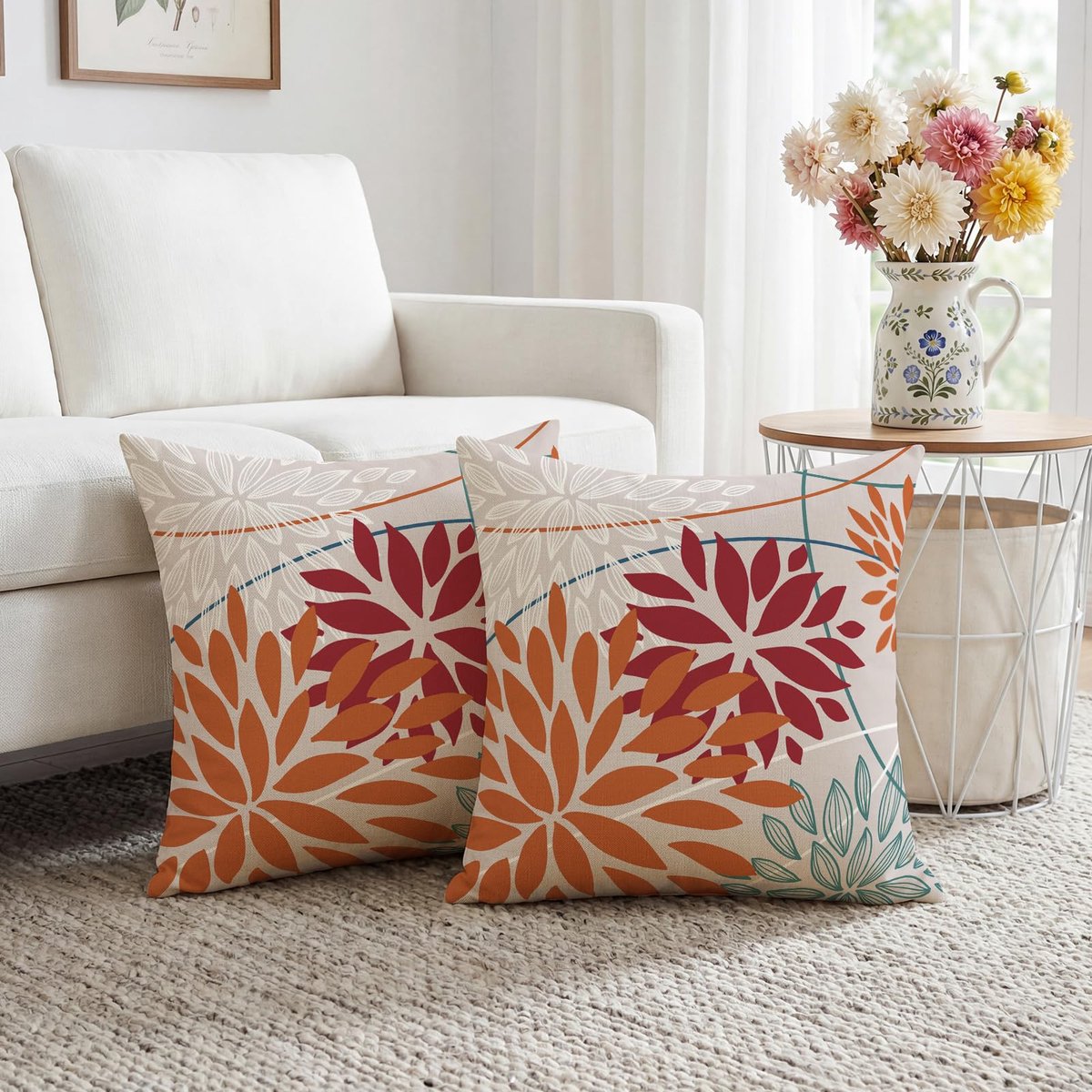 Dahlia-bloemen, oranje-rood, geometrische kussenslopen, 45 x 45 cm, lentekussens, Boheemse bloemen, decoratief, van linnen, voor thuis, woonkamer, slaapkamer, bank, 2 stuks