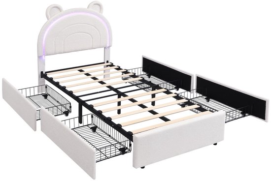 Wit kinderbed met beerhoofd hoofdbord, ledverlichting en 4 uittrekbare lades.