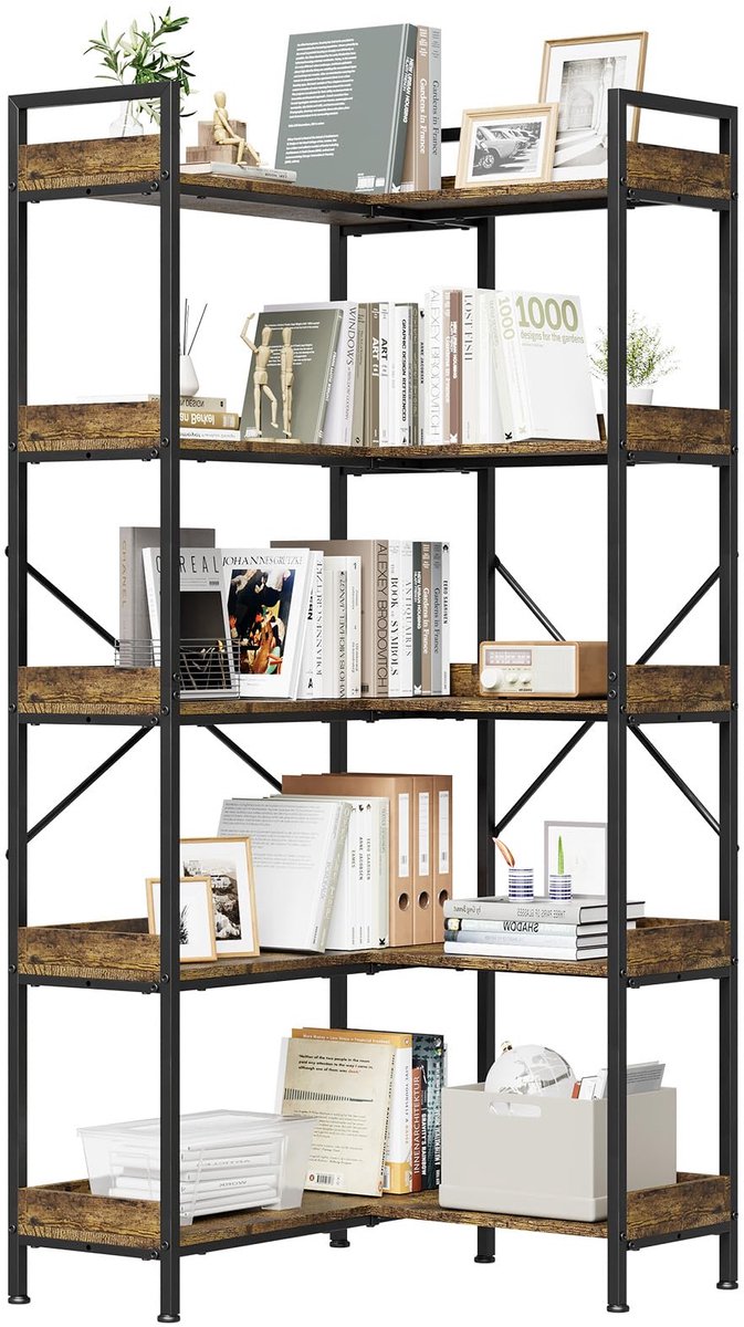 Danky Hoekboekenkast - 2-in-1 L-vorm of Recht Model - 5 Ruime Open Planken met Haken - Industrieel Stalen Frame bruin