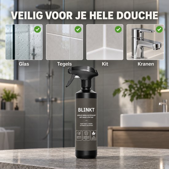 Afbeeldingen van glas, tegels, kit en kranen in een douche, met een fles BLINKT Reiniger.