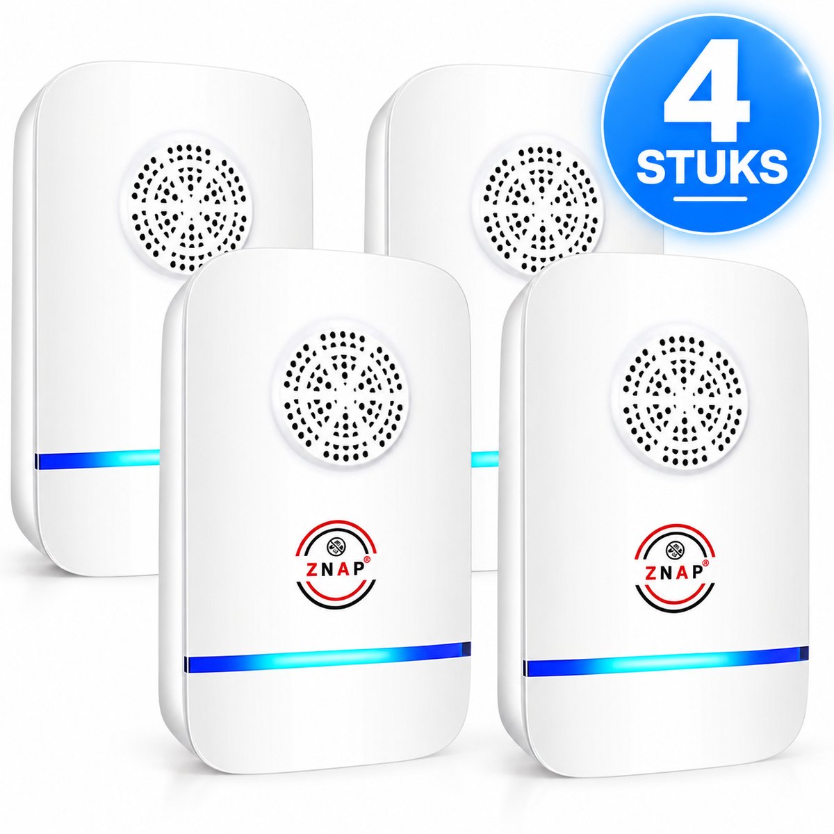 ZnaP® Pest Repeller 4 Stuks - Ultrasone Muizenverjager Premium - Ultrasonische Ongedierte Bestrijder - Muizen Bestrijden - Insectenverjager - Ultrasone Verjagers - Wit - 100% Veilig