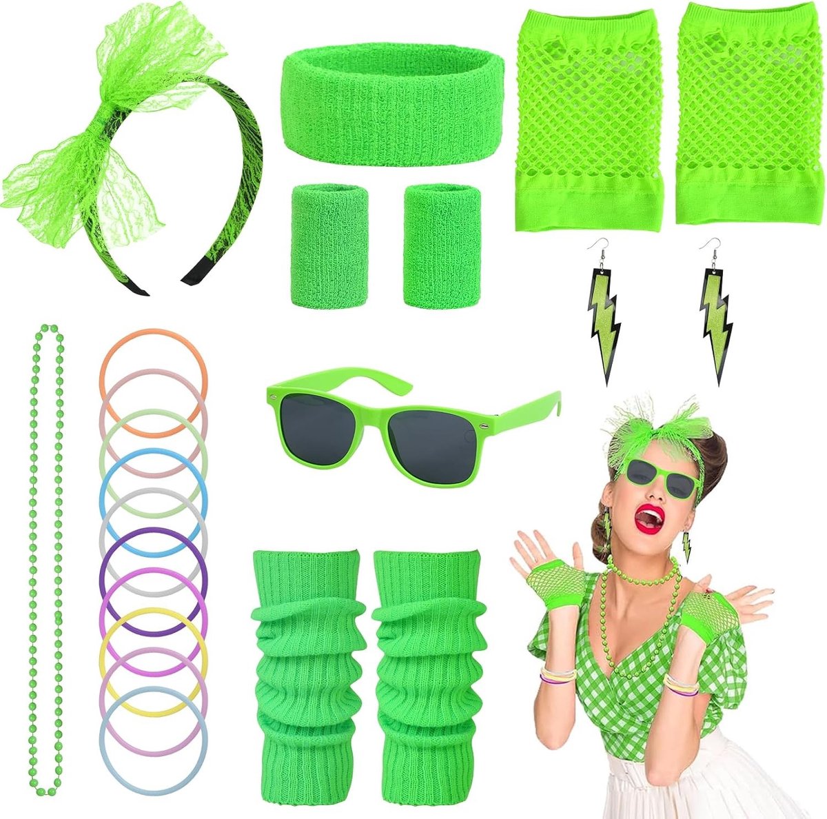 Vrouwelijk 1980s Kostuum Set met Oorbellen, Armband, Sjaal, Ketting, Net Handschoenen, Beenbeschermers en Haarband voor Halloween, Cosplay, Carnaval en Podiumoptredens