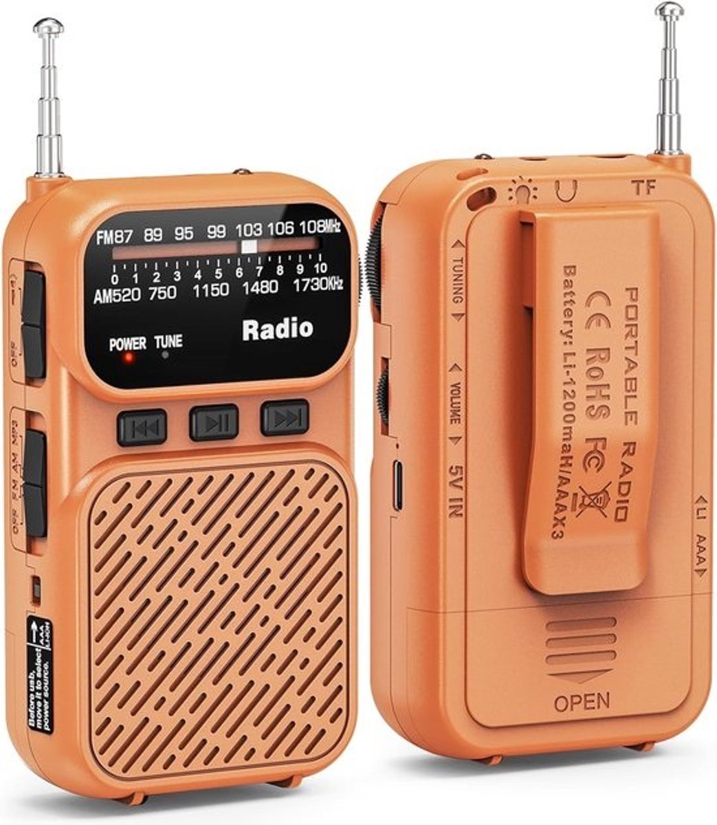 Draagbare radio - Zakradio en muziekspeler - Voor onderweg luisteren - Ingebouwde batterij en Bluetooth - Compact formaat