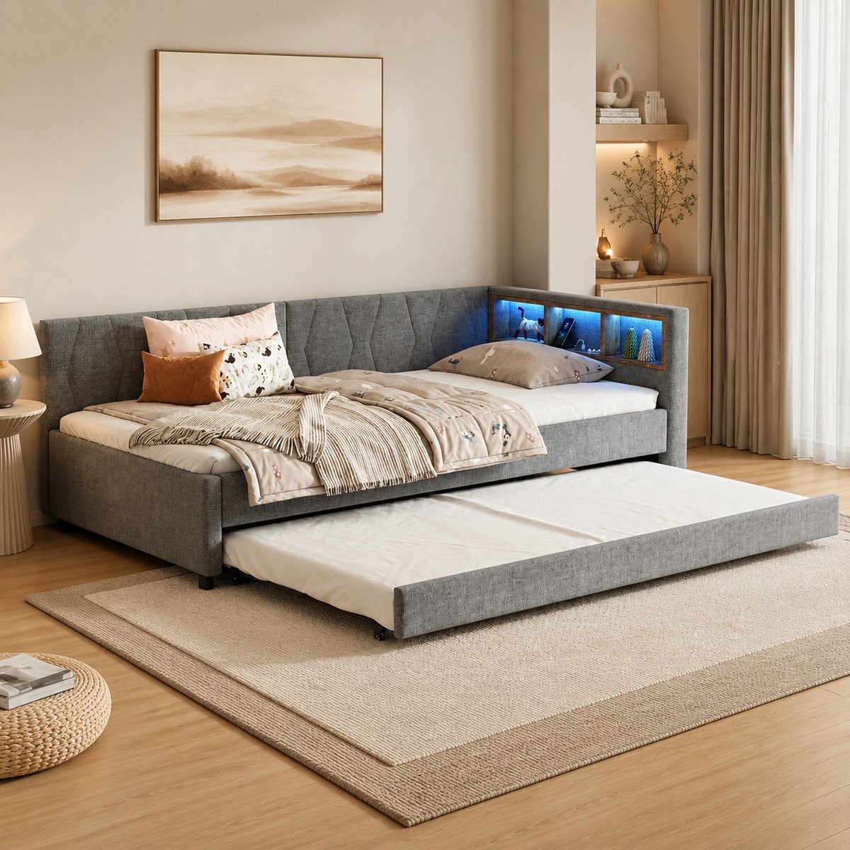 WUVRIE Slaapbank 90x200 cm met uitschuifbaar onderschuifbed, LED, USB-C en opbergruimte, grijs