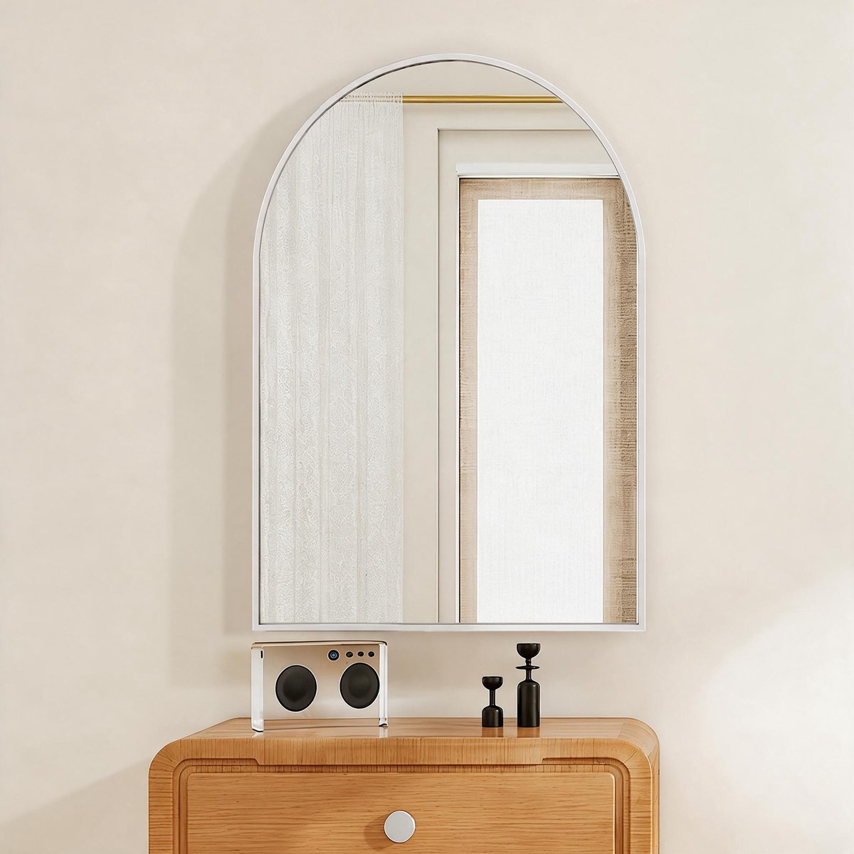 Boogvormige wandspiegel 91x61cm - Badkamer spiegel met aluminium frame - Modern spiegel voor de slaapkamer, woonkamer en hal - Wit