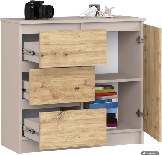 Dressoir met 1 deur en 3 lades, taupe met Artisan eiken fronten.