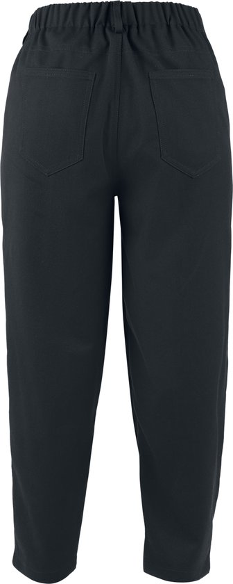 Achterkant van een donkergrijze stoffen broek met elastische tailleband en twee zakken.