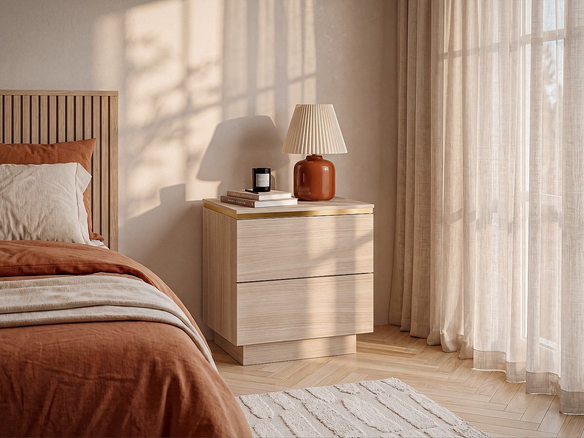 Vente-unique Set van 2 Nachtkastje met 2 laden - Kleur: naturel en goud VUKIA Natuurlijk licht