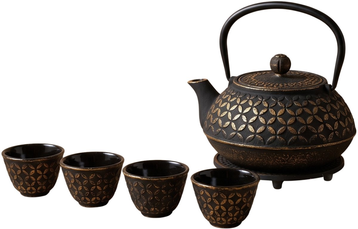 Gietijzeren theepot met zeef, kopjes en onderzetter KAZEL, 1 l, zwart
