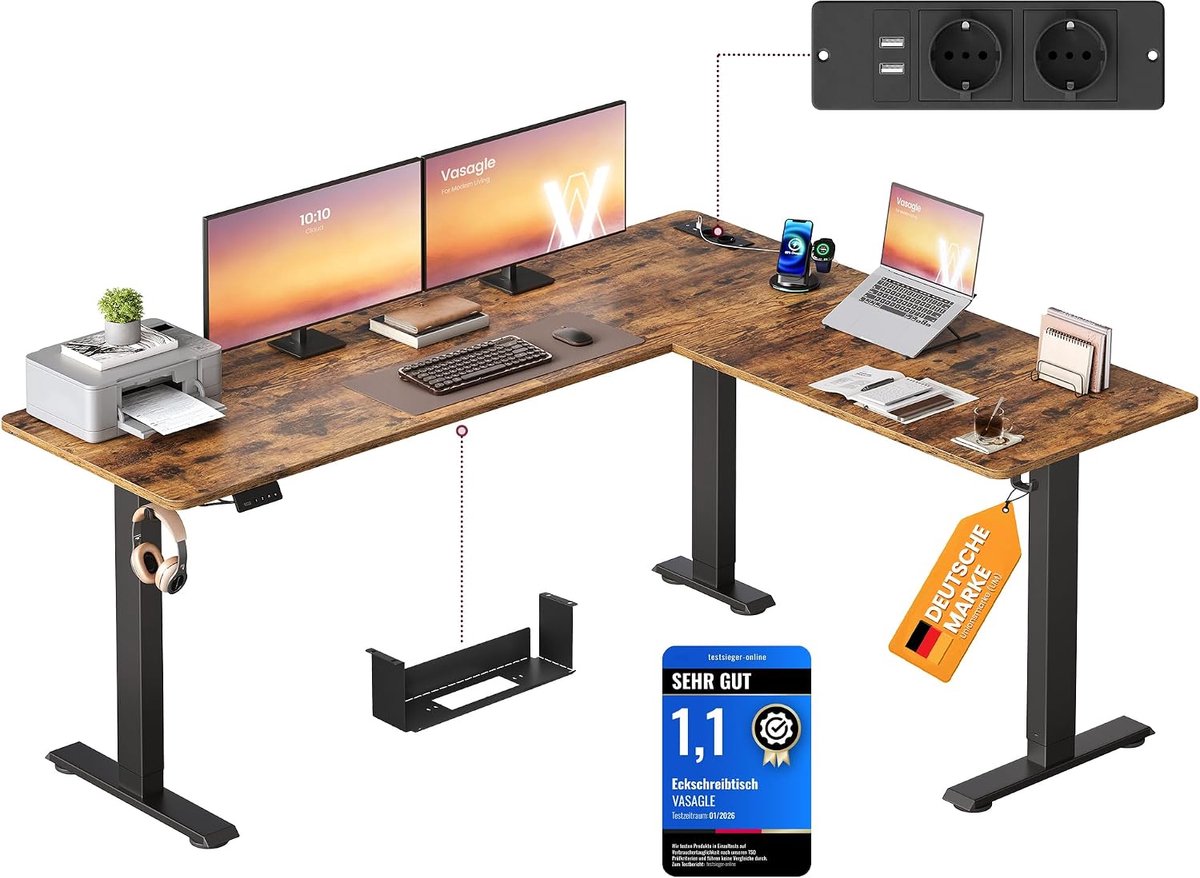 Elektrisch Bureau L-vormig Hoogte Verstelbaar 190 x 155 x 120 cm - Industrohome