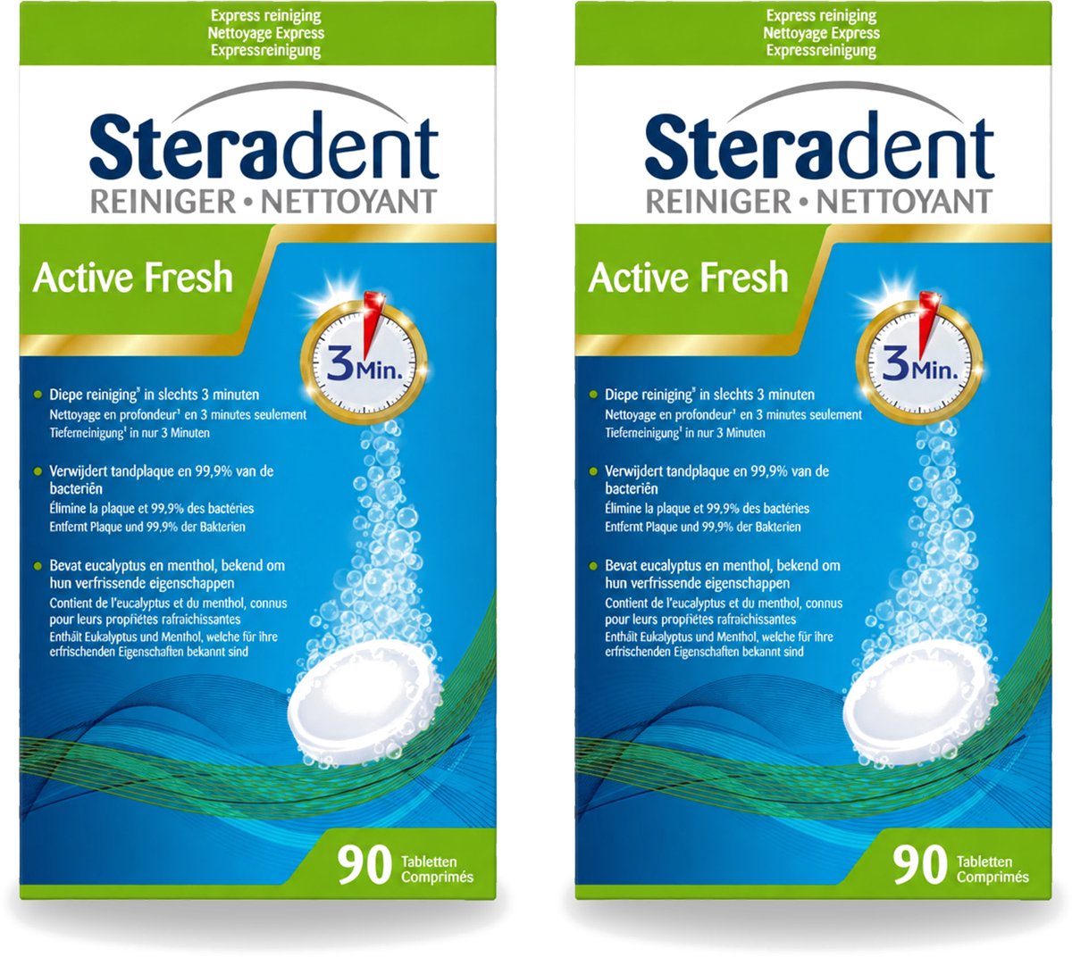 2 x Steradent - Kunstgebitreiniger - Active Fresh - Menthol En Eucalyptus - 90 Tabletten - Voordeelverpakking - 2 stuks