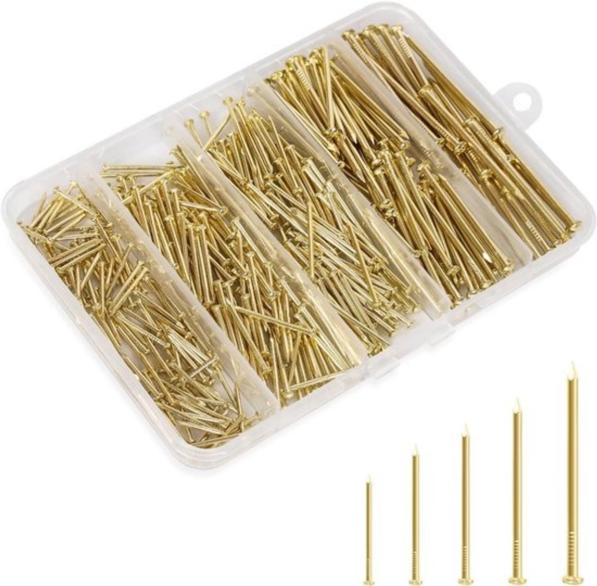 Assortiment hardware-nagels - Hout- en muurnagels - Voor klusprojecten en ophangen - Vijf maten - 400 stuks - Goud