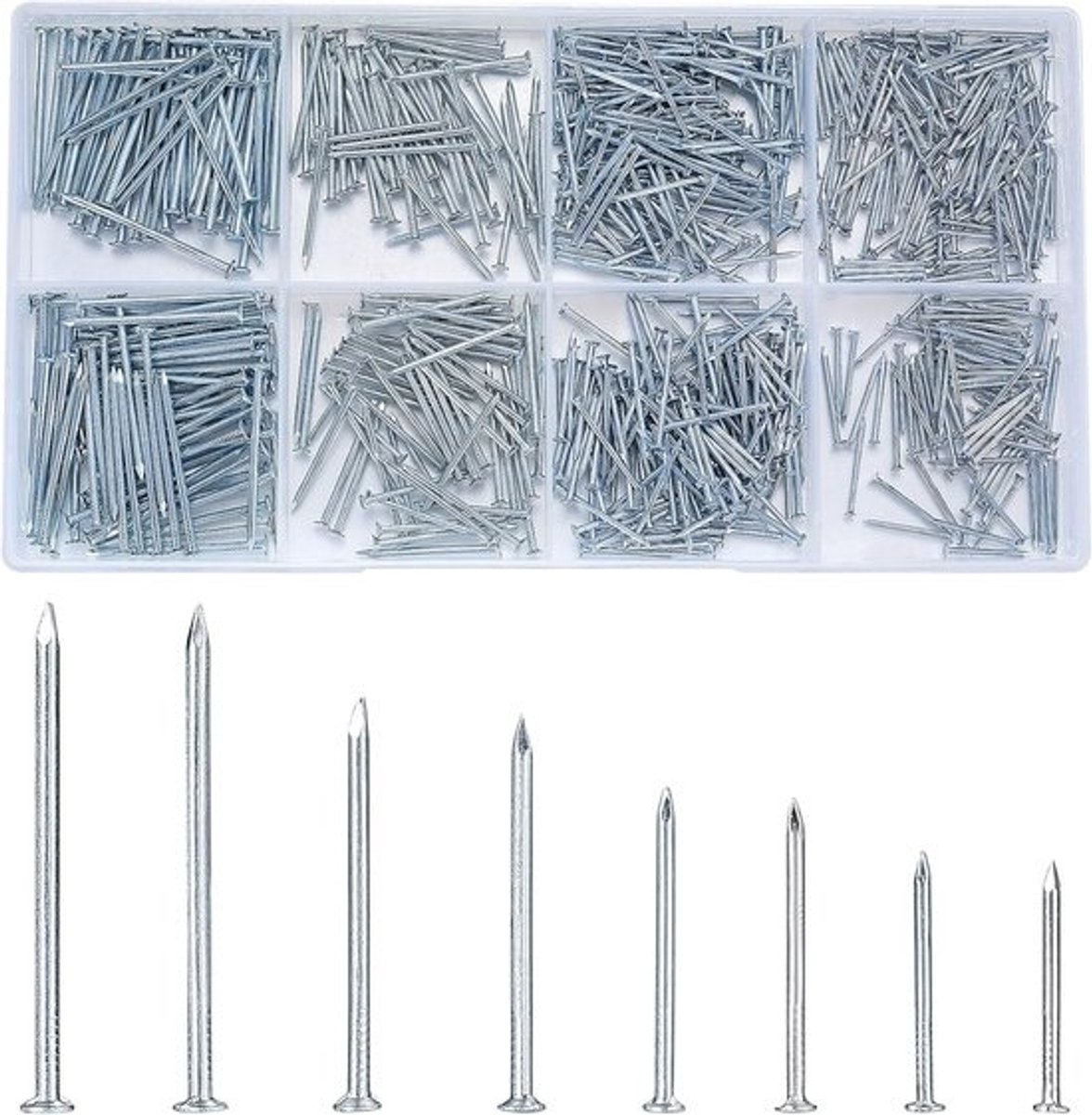 Nagelset voor muren - Assortiment wandnagels - Voor foto's ophangen en houtbewerking - Spijkers met vlakke kop - 720 stuks - Zilver