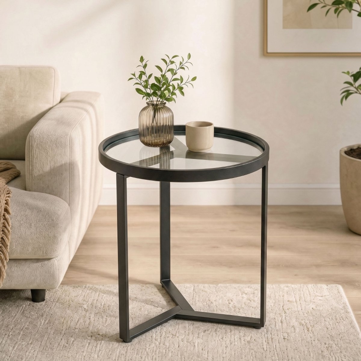 MODFU Bijzettafel - Gehard Glas - Geometrisch Metalen Frame - Zwart - 45 x 45 x 50 Cm
