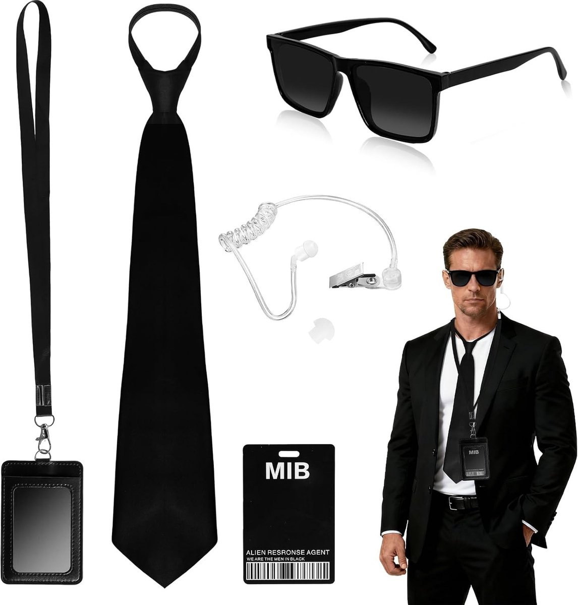 Complete Accessoire Set voor Men in Black Kostuum, inclusief Zwarte Zonnebril, Headset, ID Kaart en Stropdas voor Kinderen en Volwassenen, Perfect voor Carnaval en Cosplay