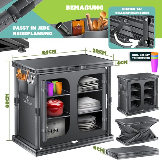 KESSER® Campingkeuken opvouwbaar - Aluminium frame met 6 vakken en vliegengaas - 84x80 cm - Antraciet van KESSER — afbeelding 5