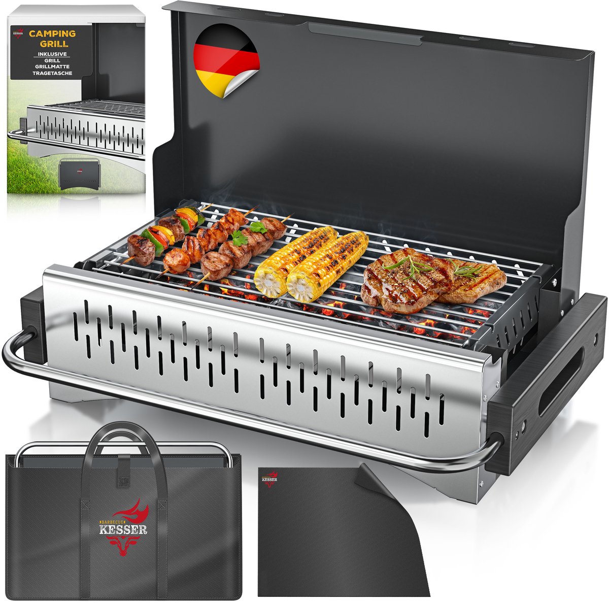 KESSER® Klapgrill - draagbare houtskoolgrill van gepoedercoat staal - met grillmat en draagtas - zwart