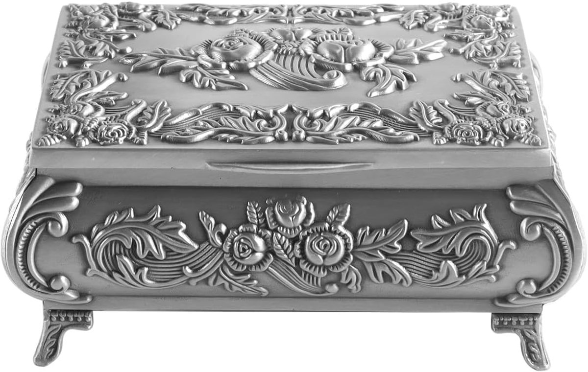 Juwelendoos voor ring en kettingen - vintage zilver - 2 compartimenten - elegant decoratief - ShopVlot