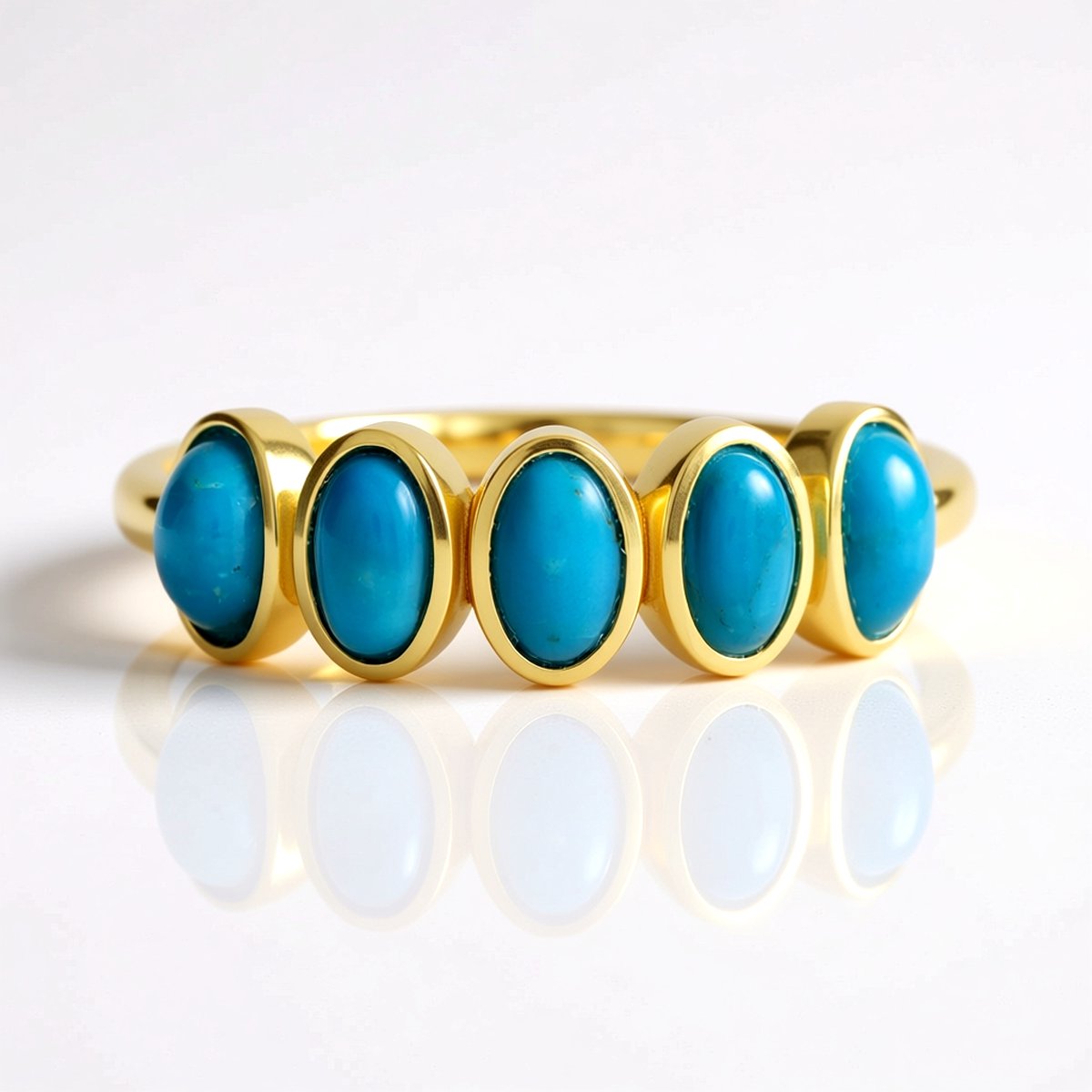 Cavill - Verstelbare Zilveren Ring met Goudlaag - 5x Ovale Cabochon Turkoois 1,154 ct - Elegante Damesring - Turkoois Sieraad