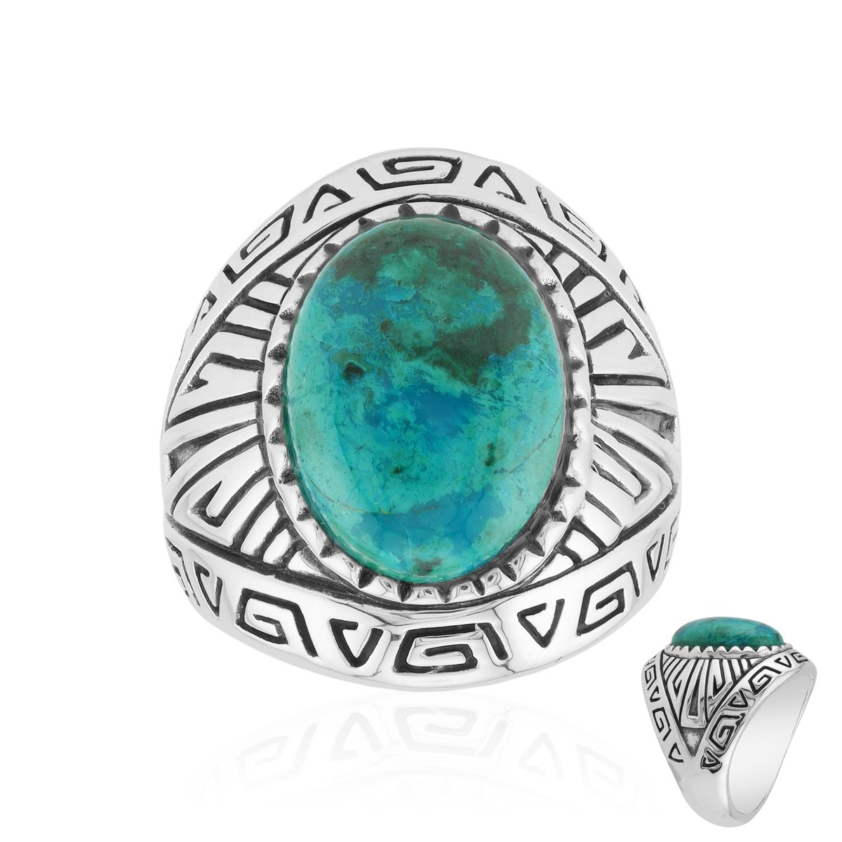 Cavill - Zilveren Ring 925 Sterling Zilver - 5,22 ct Chrysocolla Ovaal Cabochon - Geoxideerd - Bohemian Design - Handgemaakt Zuid-Afrika