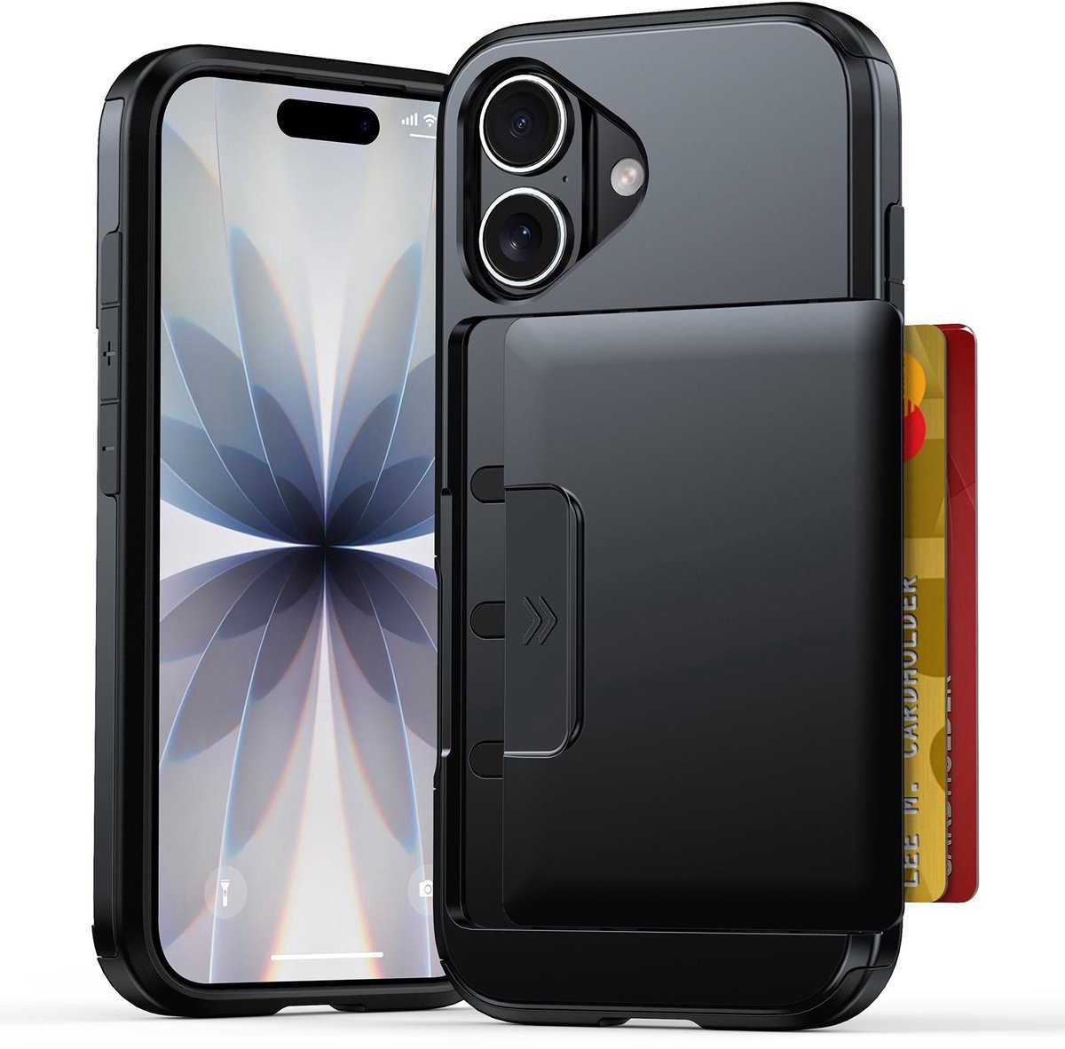 Shockproof Hoesje voor de iPhone 17 met Uitschuifbare Kaarthouder - Zwart