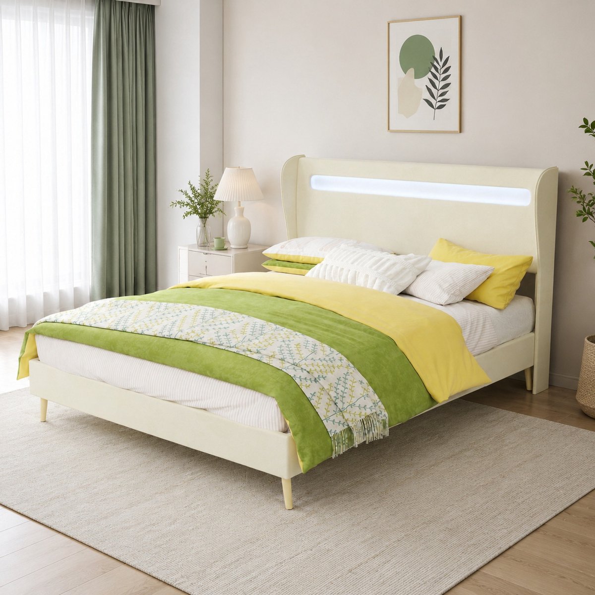 WUVRIE Gestoffeerd bedframe 140x200 cm met verstelbaar LED-hoofdbord en lattenbodem, beige