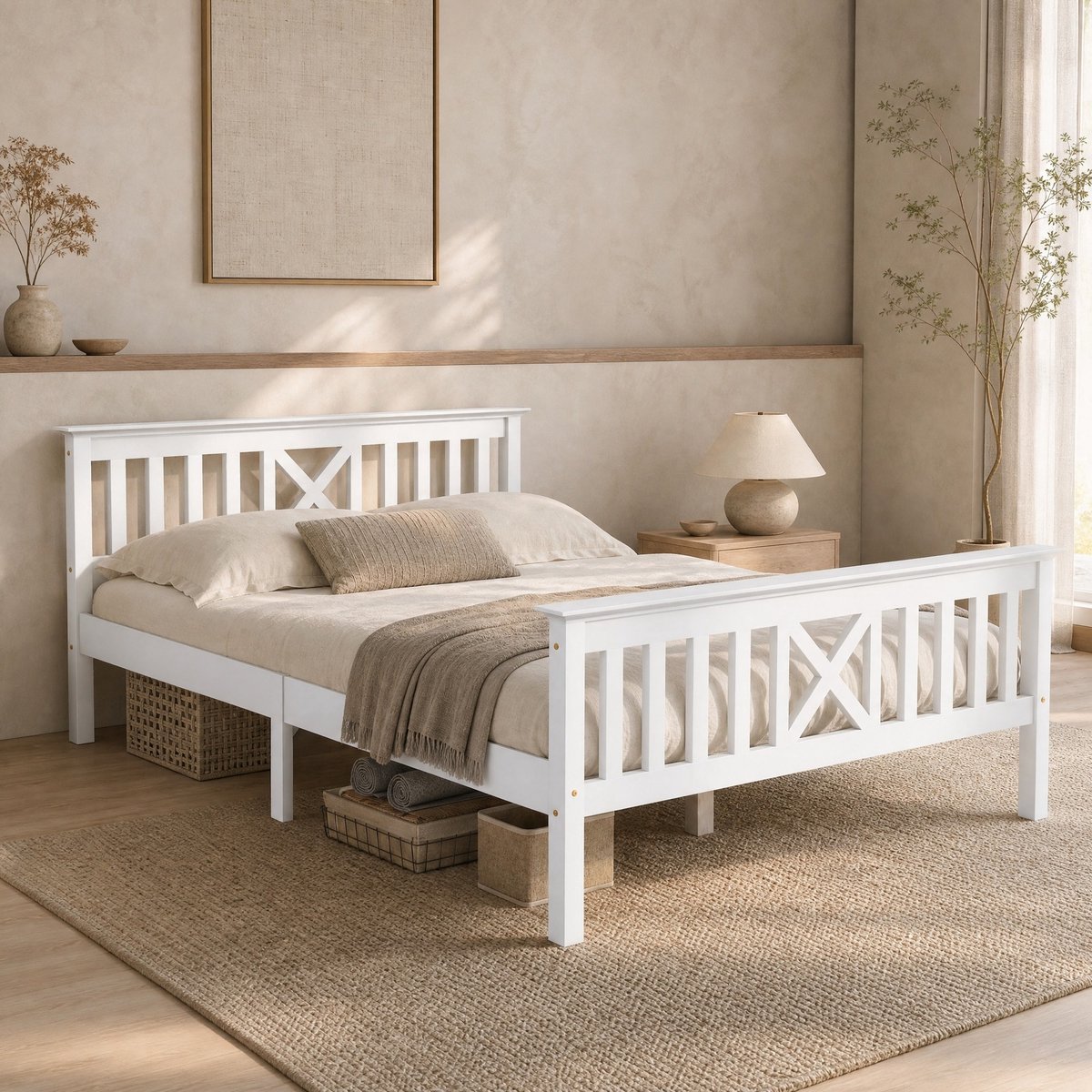 WUVRIE Tweepersoonsbed 140x200 cm met lattenbodem en X-vormig hoofdeinde, wit