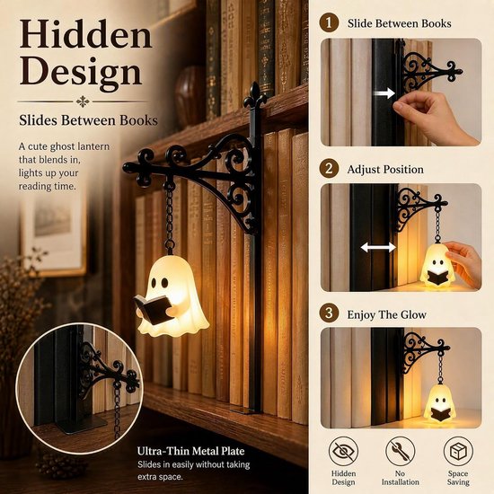 KZQ Boekenplank Lamp - 2 Stuks - Halloween Decoratie - Nachtlamp - Leeslamp - Vintage Lantaarn - Met Spook & Pompoen - Warm LED Licht - Op Batterijen - Voor Boekenkast Slaapkamer - Zwart van KZQ — afbeelding 2
