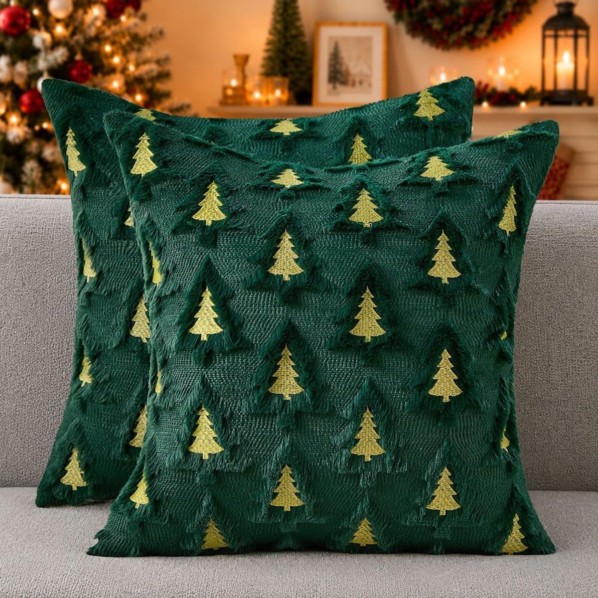 2 Pcs groene kussenhoezen 18x18 inch - pluche met dubbel kerstboommotief - zachte kerstdecoratie voor bank en slaapkamer