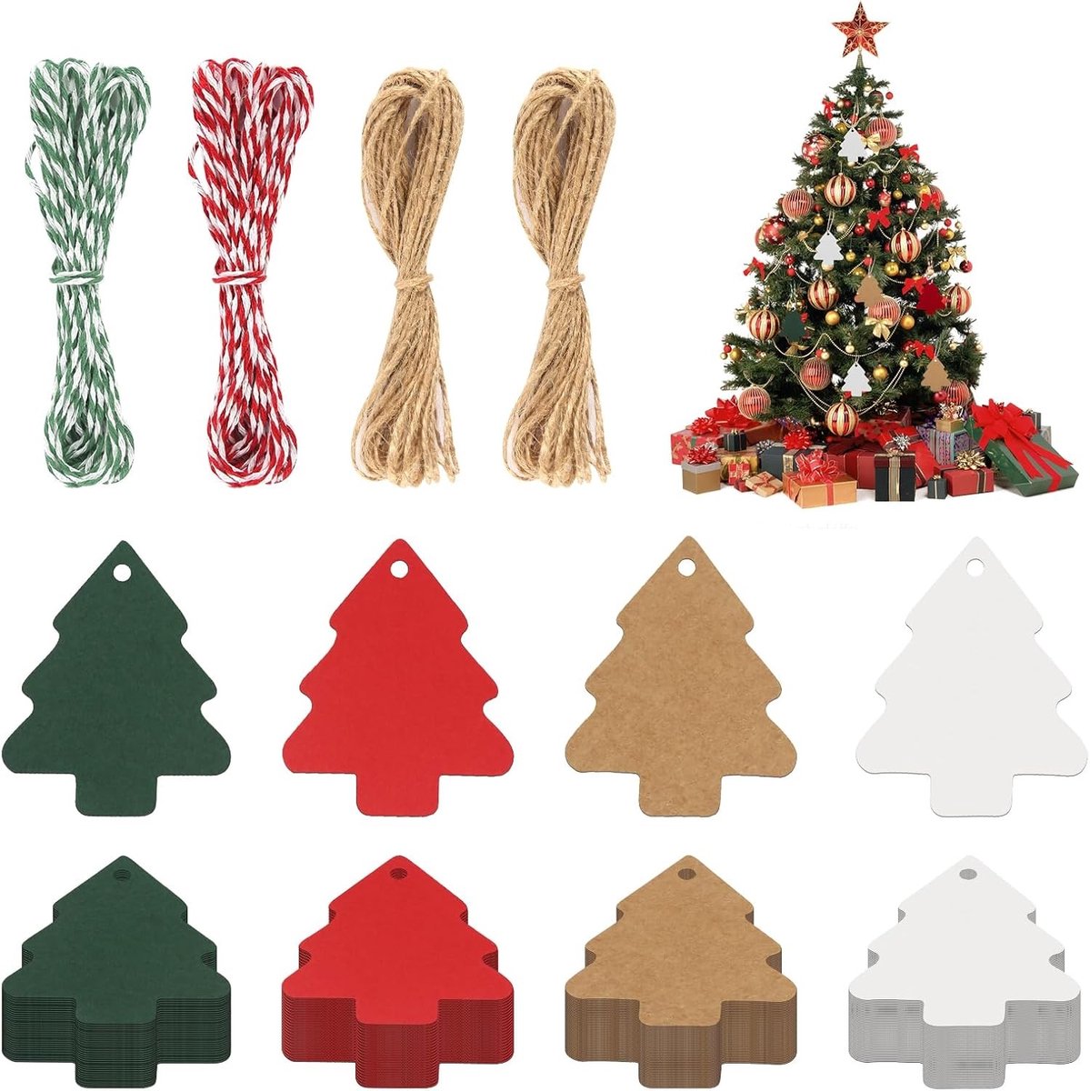 Kerstcadeau Labels 200 Stuks - Kraft Papier Hangers met Touw, Schrijfbare Etiketten voor Kerstdecoratie en Cadeaus