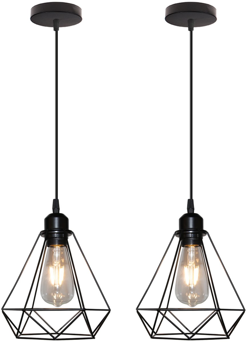 2 Stuks Hanglamp Cage Metalen Lampenkap Plafondlamp Vintage E27 voor Keuken Woonkamer Slaapkamer Zwart