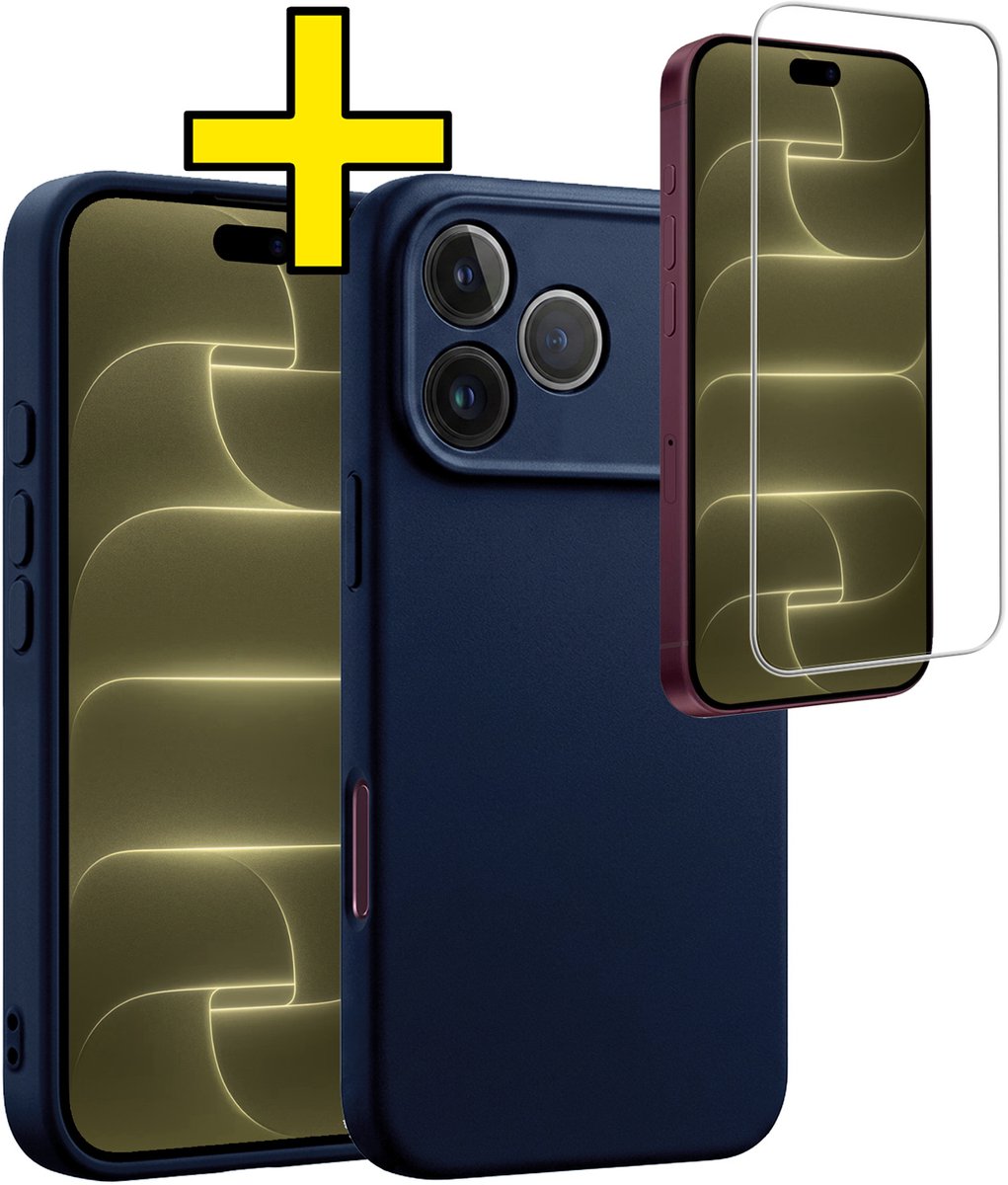 Hoesje - Met Screenprotector - Geschikt voor Apple iPhone 18 Pro - Sterk & Shockproof - Back Cover - Siliconen Case - Telefoon Hoes - Telefoonhoesjes - Donkerblauw