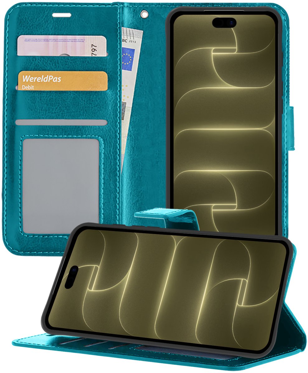 Hoesje - Met Pasjeshouder - Geschikt voor Apple iPhone 18 Pro - Luxe Bookcase Portemonee - Flip Case - Kunstleer Book Case - Flipcase - Book Cover - Walletcase - Portemonneehoes - Telefoonhoesjes - Turquoise