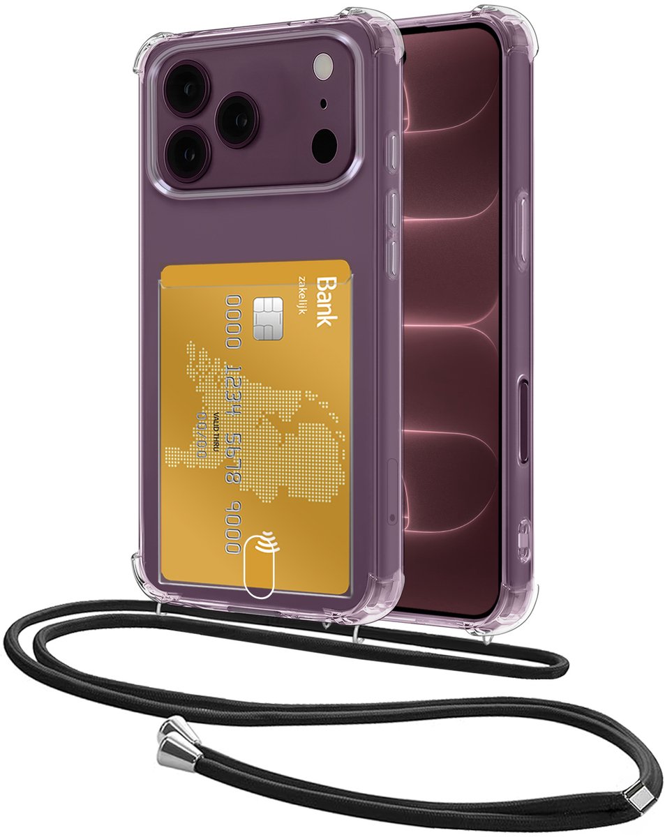 Hoes Geschikt voor Apple iPhone 18 Pro Max Hoesje Pasjeshouder Cover Met Koord Shock Proof Case Siliconen Hoes Met Telefoonkoord en Kaarthouder - Transparant
