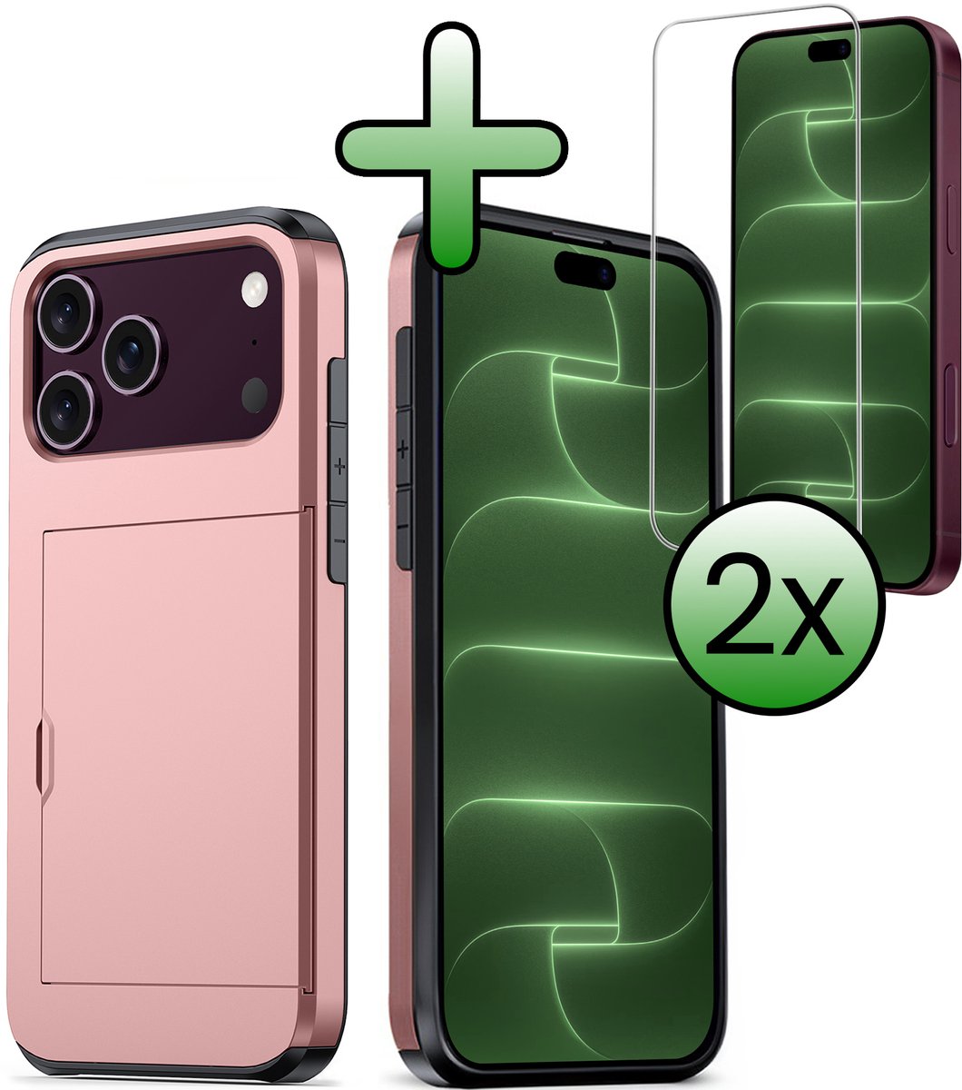 Hoes Geschikt voor iPhone 18 Pro Hoesje Hard Case Met Pas Houder Met 2x Screenprotector - Hoesje Geschikt voor iPhone 18 Pro Hoes Shockproof Hard Cover Met Kaarthouder - Rosé goud