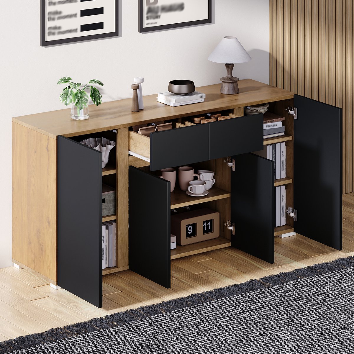 MIVRAY Dressoir - Vier Deuren En Twee Laden Met Verstelbare Planken - Voor Woonkamer, Hal Of Eetkamer - MDF - 140x35x70 Cm - Zwart En Houtkleur