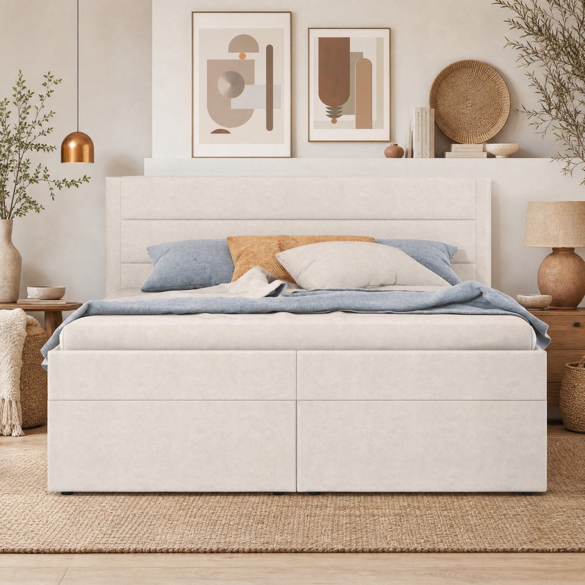 WUVRIE Gestoffeerd tweepersoonsbed 140x200 cm met opklapbare lattenbodem en bedkast, beige