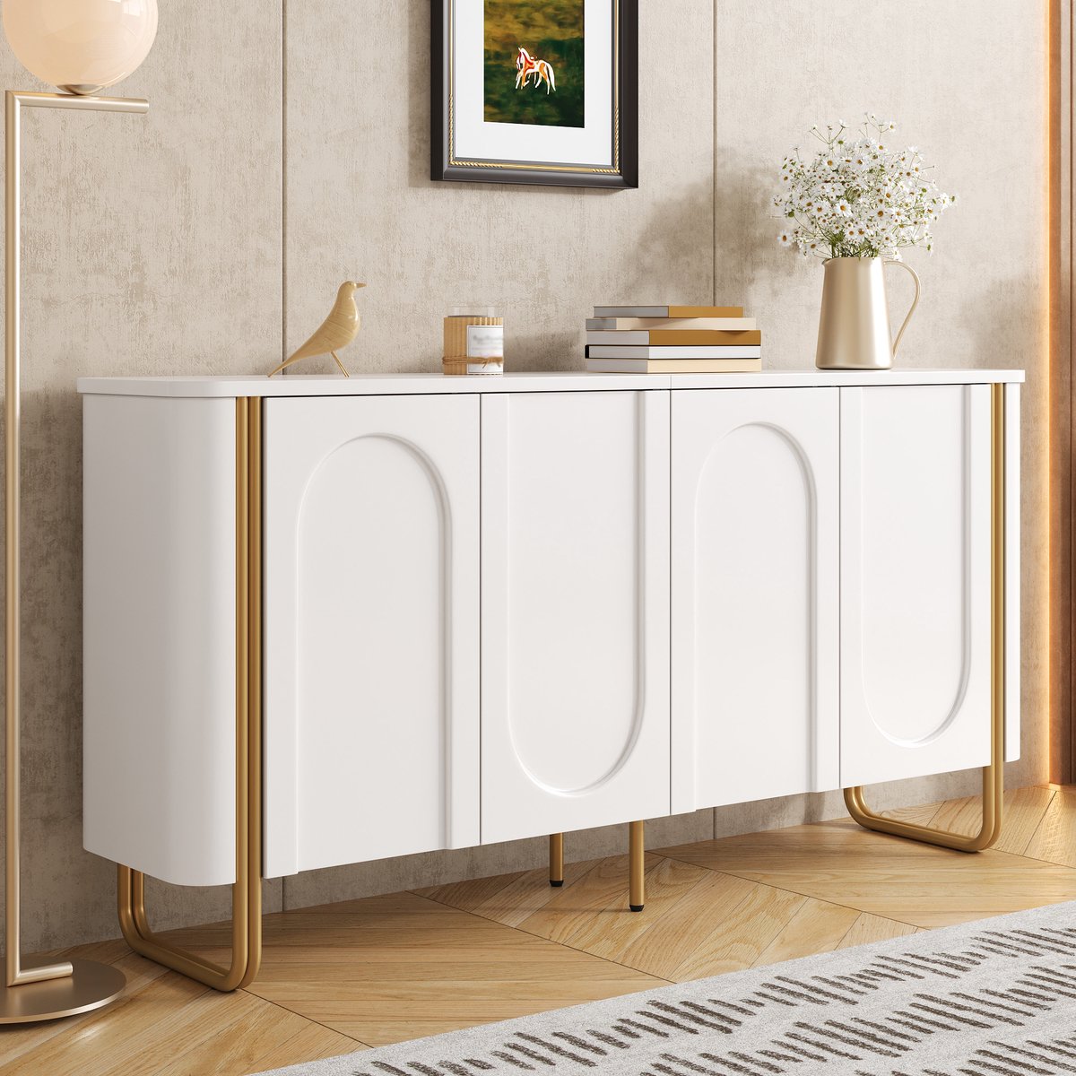 MIVRAY Dressoir - Vier Deuren Met Boogreliëf En Drukopensysteem - Voor Woonkamer Of Hal - MDF - Wit - 160x35x80,5 Cm