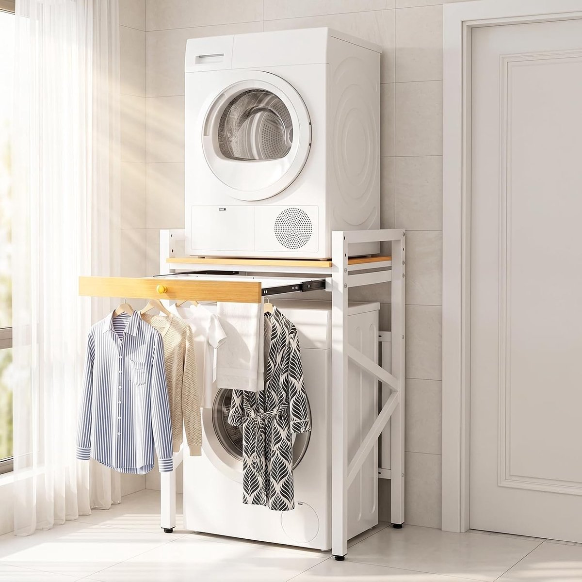 Stapelbare Wasmachine en Droger Sets met Verstelbare Planken, Ruimtebesparend en Praktisch voor Badkamers en Wasruimtes
