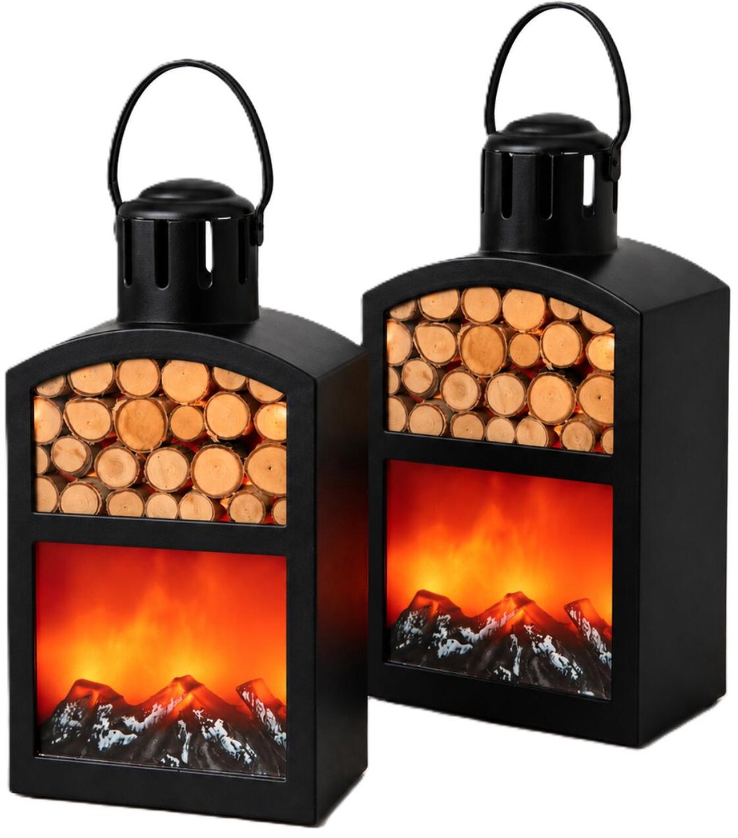 Anna's Collection LED sfeerhaard - 2x - zwart met hout print - 14 x 10 x 27,5 cm - open haard