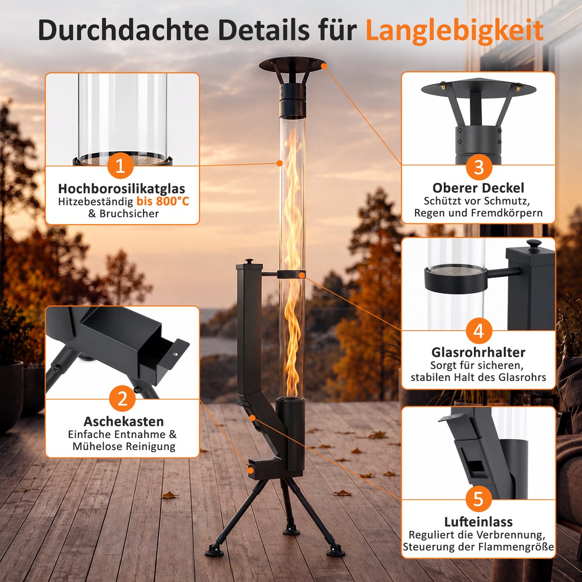 NETTLIFE Terrasverwarmer - 167 cm hoog - 5-6 kW hoog rendement - stabiele driepootvoet - grote capaciteit van 2 kg - brandtijd van 2 uur - geen elektriciteit/gas nodig - zwart - geschikt voor terrassen | veranda's | feesten & kamperen – foto 3