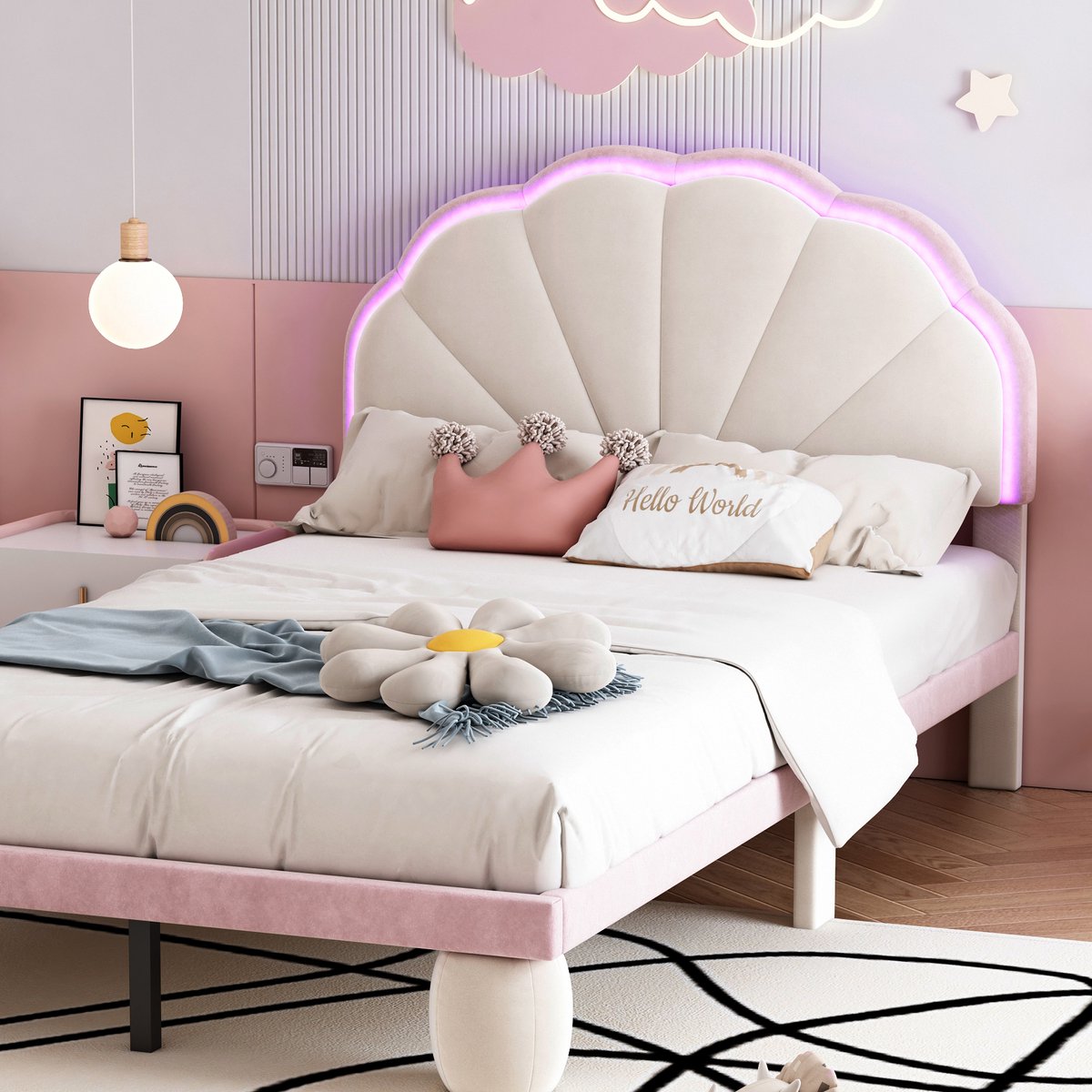 AURA LUMEN Gestoffeerd bed-Eenpersoonsbed-90 x 200 cm-Bed met LED en USB-Bed met hoofdbord-Beige Rosa