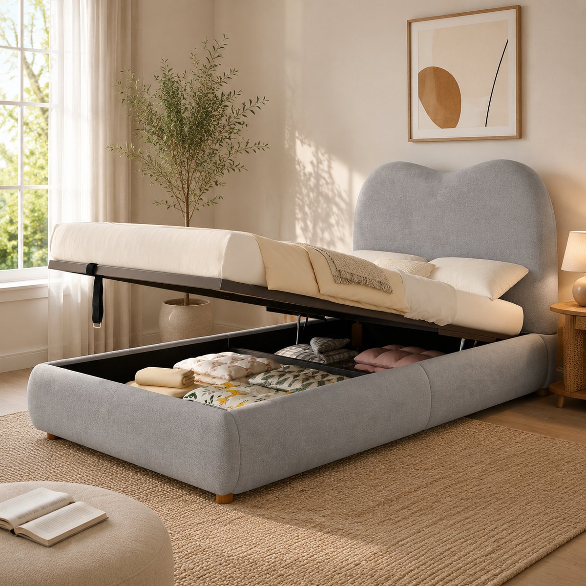 AURA LUMEN Gestoffeerd bed-Eenpersoonsbed-90 x 200 cm-Hydraulisch bed-Bed met opbergruimte-Grijs-Zonder matras