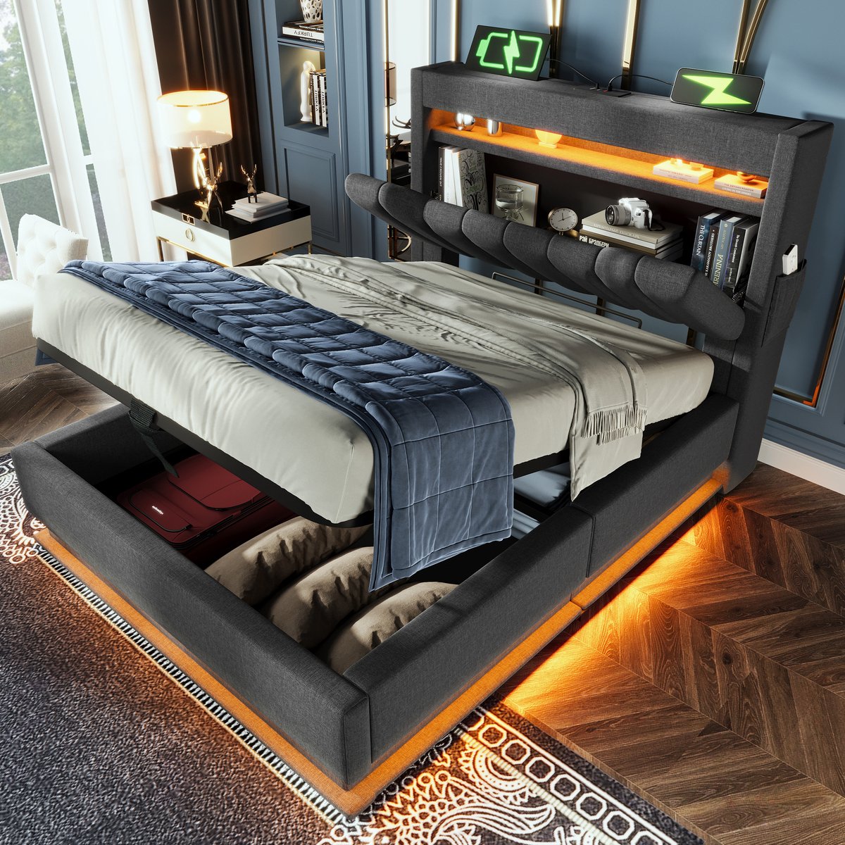 AURA LUMEN Gestoffeerd bed-Eenpersoonsbed-90 x 200 cm-Hydraulisch bed-Bed met LED en USB-Grijs-Linnen