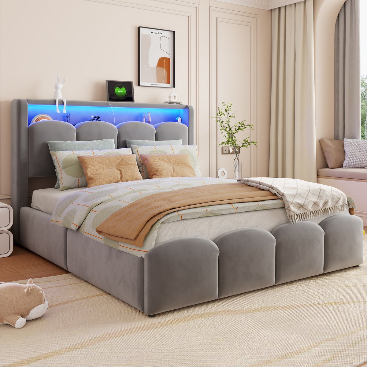 AURA LUMEN Gestoffeerd bed Twijfelaarbed 140 x 200 cm hydraulisch bed met opbergruimte bed met LED en USB grijze kleur Grijs