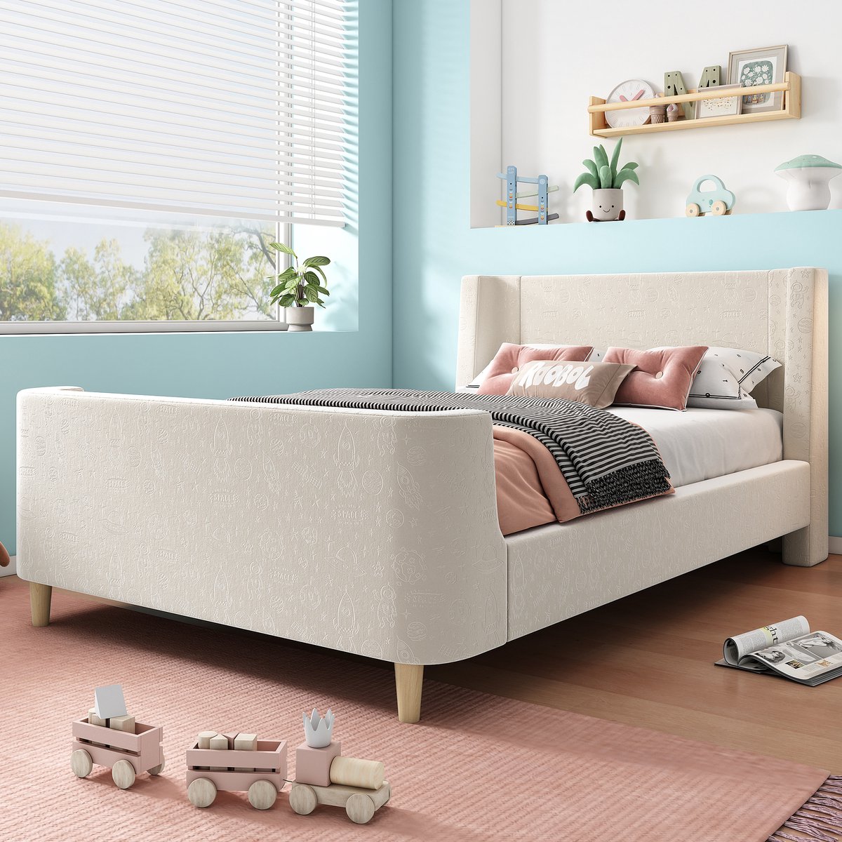AURA LUMEN Gestoffeerd bed-Eenpersoonsbed-90 x 200 cm-Schlittenbett-kosmisch patroon-Beige-Velvet