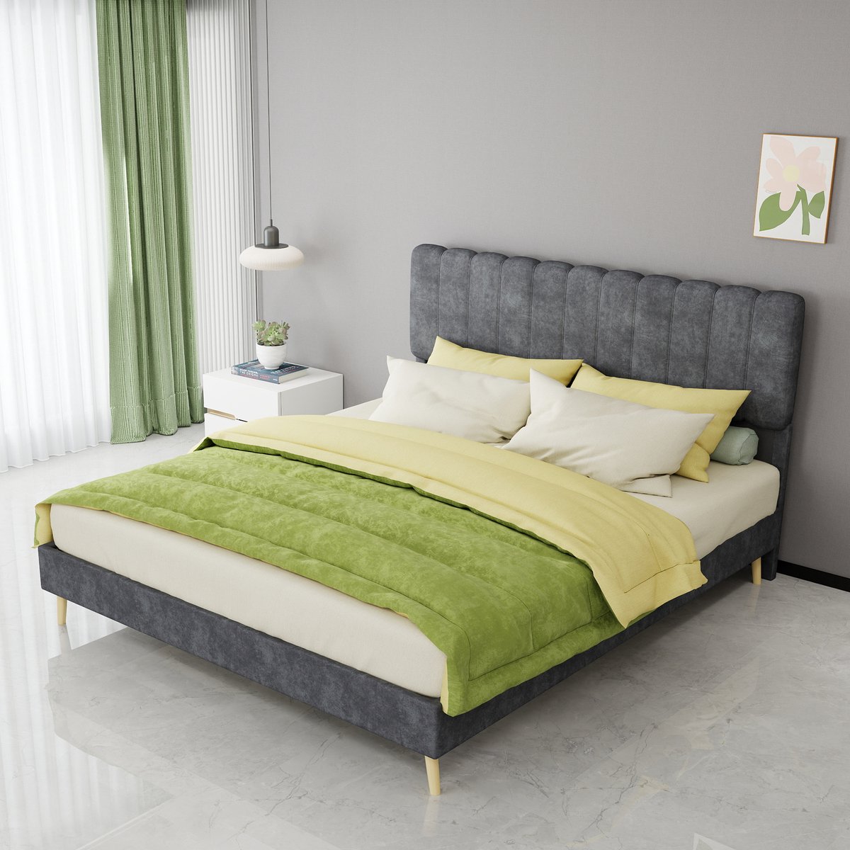 AURA LUMEN-Gestoffeerd bed-Tweepersoonsbed-160 x 200 cm-Zacht hoofdbord-Lage constructie-Grijs