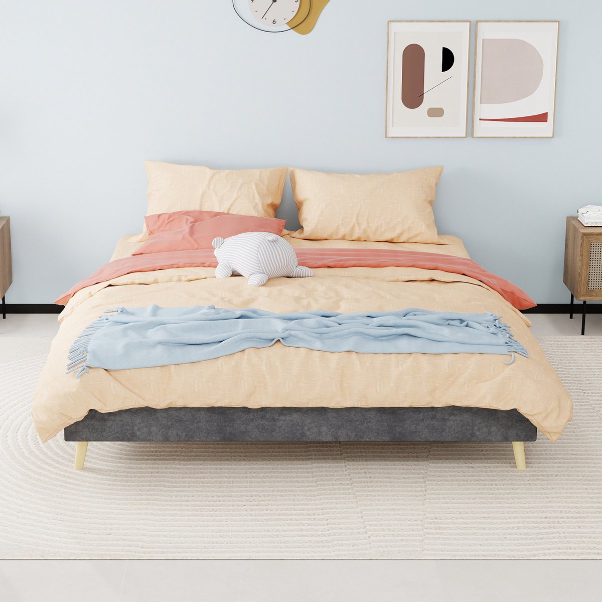AURA LUMEN-Gestoffeerd bed-Tweepersoonsbed-160 x 200 cm-Grijs-Nederlandse fluweelstof-Laag profiel